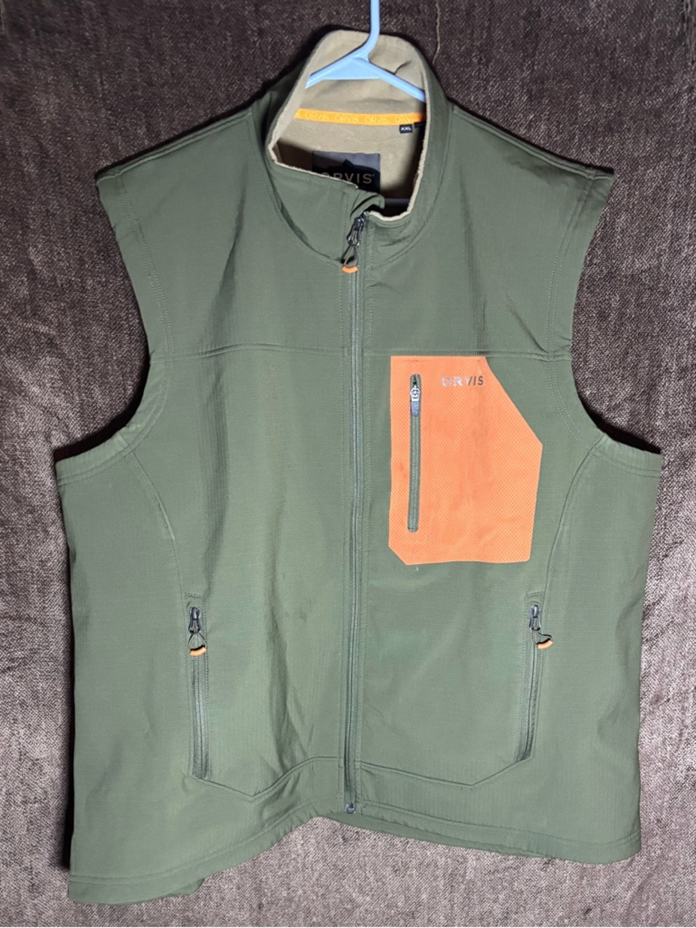 Orvis Olive Green Softshell Vest with Orange Trim